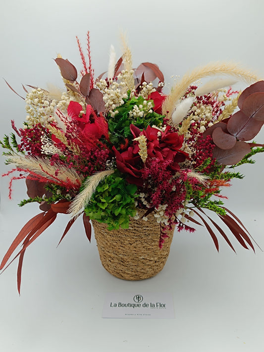 Basket preserved flowers red tones