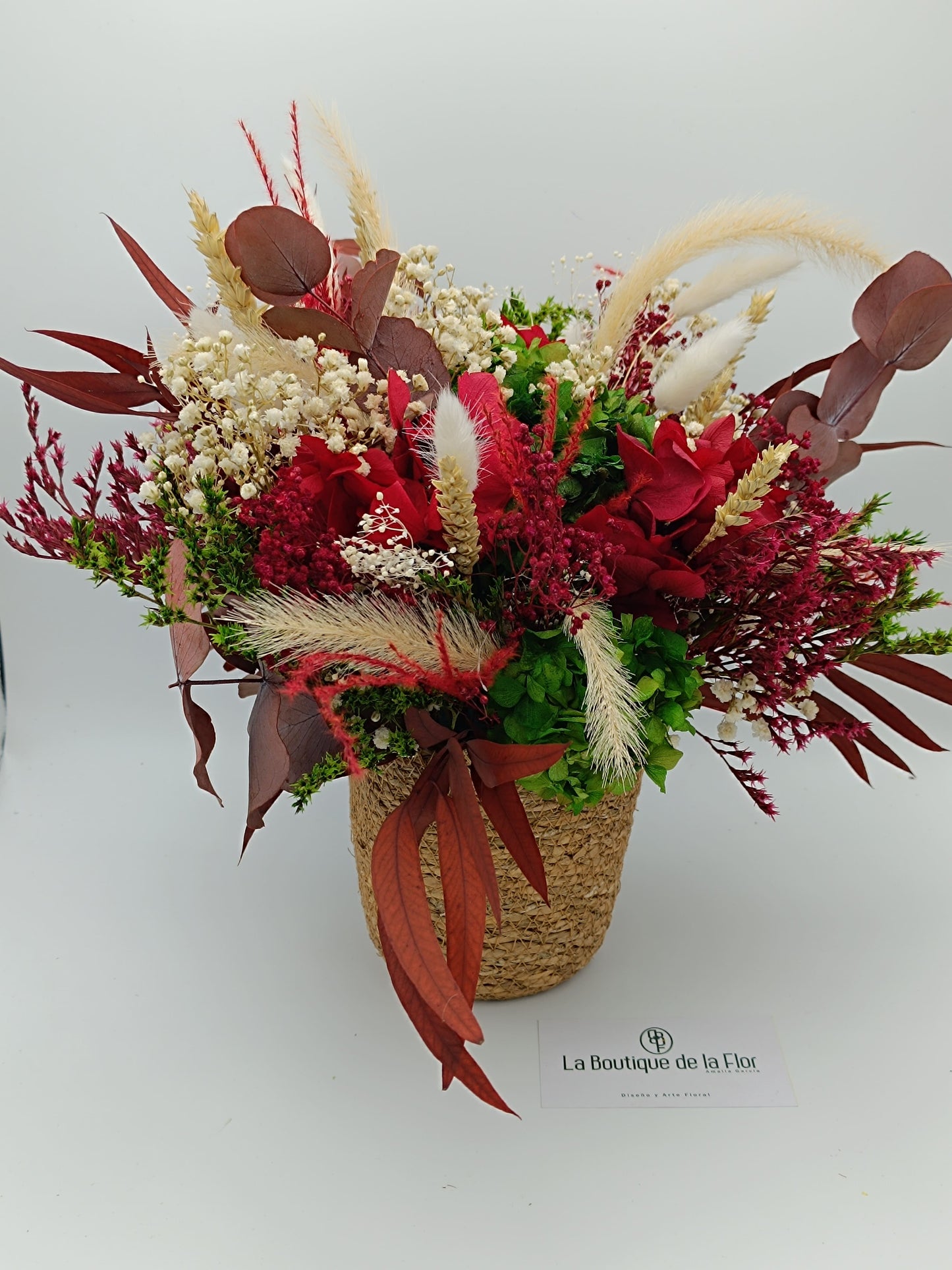 Basket preserved flowers red tones